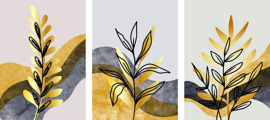 set of Mountain and Botanical wall art, Abstract Leaves, boho branch Mountain art for wall decoration, postcard or brochure design. Vector illustration. © Kebon doodle
