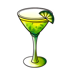 Watercolor illustration of a cocktail in a glass. Green drink with lime wedge and mint. Hand drawn illustration