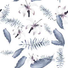 Indigo Pattern Illustration. White Tropical Palm. Blue Seamless Palm. Gray Flower Palm.Summer Botanical.Decoration Vintage. Flora Hibiscus. Spring Palm.