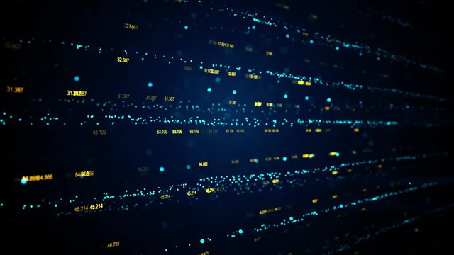 4K 3D Wall of lines structure geometric shapes and particles Loop Animation. Abstract blue motion waving dots texture with glowing defocused particles. Cyber or technology digital landscape.