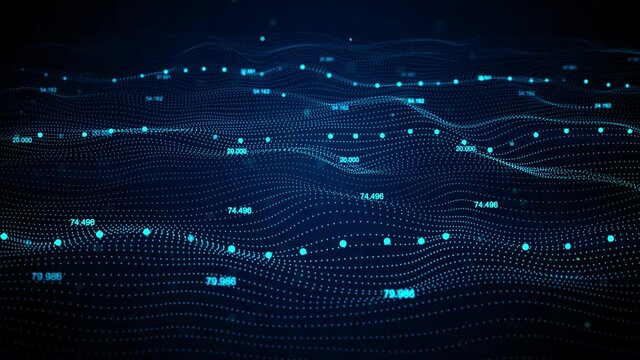 Abstract digital blue wave with flowing small particles dance motion on wave Background. Cyber or technology, Global connection, Sustainable Energy, Data Centers, Server Rooms, digital landscape.