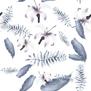 Indigo Pattern Illustration. White Tropical Palm. Blue Seamless Palm. Gray Flower Palm.Summer Botanical.Decoration Vintage. Flora Hibiscus. Spring Palm. © Surendra