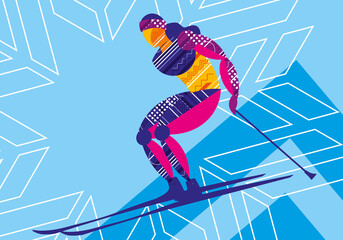 Skier on a colored background. Decorative graphics. Art design. Vector illustration