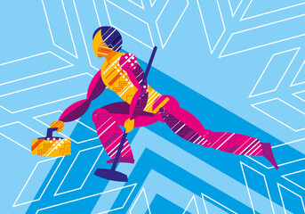 Sportswoman curling on a bright geometric background. Winter sports. Decorative stylish design. Vector graphics