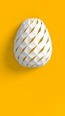 Easter concept. One single white egg with geometric original carved changing patterns on the surface on a yellow background. 3d illustration