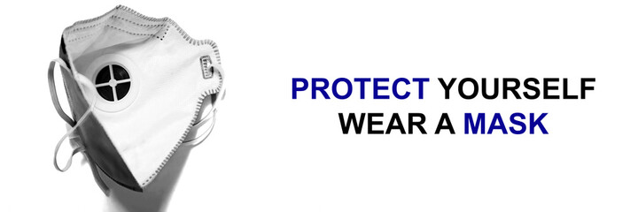 Black and white web banner with facial mask and social information text. Virus protection brochure...