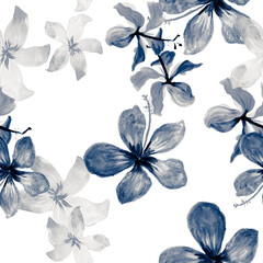 White Tropical Background. Cobalt Seamless Art. Gray Pattern Vintage. Navy Flower Hibiscus. Azure Spring Background. Blue Flora Leaf. Indigo Decoration Botanical.