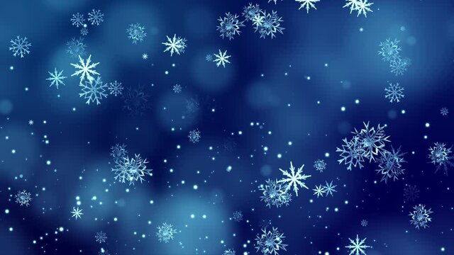 4K Loop Snow falling on blue sky with Blue particles in the winter Christmas background merry christmas, Holiday, winter, New Year, snowflake, snow, festive, snow flakes. new Yeaer