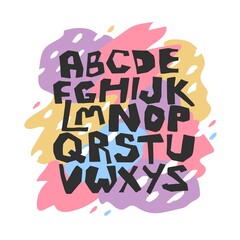 English hand drawn alphabet in vector illustration isolated on colorful spots and white dots background. Poster, print, card design. Phrase constructor, childish design, kids, doodle style.