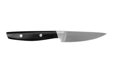 Steel paring knife with black plastic handle on white background isolated closeup, metal chef knife, sharp stainless blade, carving knife, cooking food, kitchen utensil, cutting tool, dangerous weapon