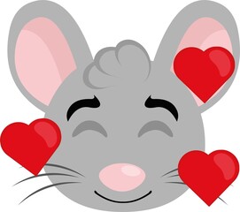 Vector illustration of a cartoon mouse head emoticon with a happy and loving expression surrounded by hearts