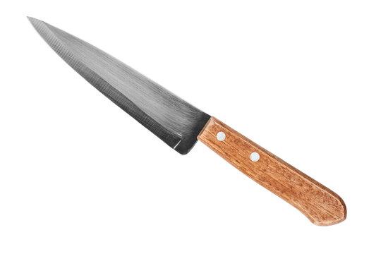 Steel knife with brown wooden handle on white background isolated close up, big chef knife, sharp stainless blade, silver metal butcher knife, kitchen utensil, cutting tool, dangerous weapon