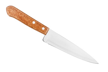 Steel knife with brown wooden handle on white background isolated close up, big chef knife, sharp stainless blade, silver metal butcher knife, kitchen utensil, cutting tool, dangerous weapon