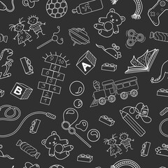 Seamles Pattern with objects about childhood. Toys, constructor, pencil, drawings, cube, bubbles, train, rainbow, mouse, candy, joystick, ball. Vector illustration, book. Childish. Paper, print design