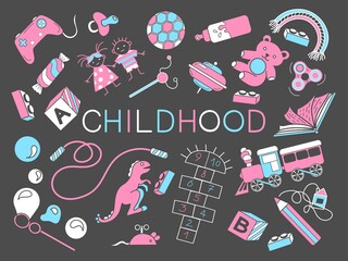Set with objects about childhood. Toys, constructor, pencil, drawings, cube, bubbles, train, rainbow, mouse, candy, joystick, ball. Vector illustration, book. Children life. Poster, print, card design