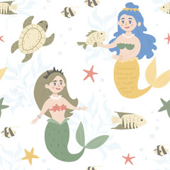 Fototapeta premium Seamless pattern with fairy mermaids and life under water. Great for fabric, textile.Vector Illustration