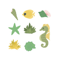 Set of nautical elements - fish, coral, shell, seahorse, starfish. Sea life. Flat vector cartoon illustration isolated on white