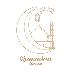 Ramadan kareem line art vector design template, mosque, moon, lantern