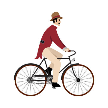 Man on retro vintage old bicycle engraving vector illustration. flat style imitation. Hand drawn image.
