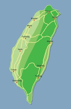 recommend clip art: Doodle freehand colorful drawing Taiwan map with major cities and highway.