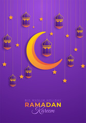 Ramadan Kareem Horizontal Banner with lantern, Star and Crescent moon. Vector illustration. Paper cut style. The glorious month of the Muslim year.