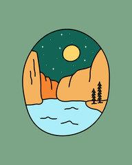 the sea and islands in the night wild line badge patch pin graphic illustration vector art t-shirt design