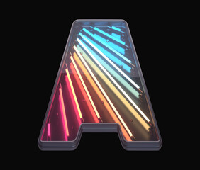 Retro neon font. Colorful light. Letter A.