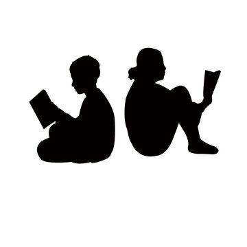 children reading book, silhouette vector