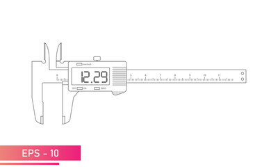 Digital vernier caliper with display and numeric scale in contour design with lines. Tools for technical specialists. Flat vector illustration.