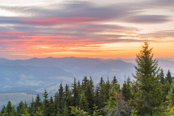 Obraz na płótnie Canvas Very beautiful dawn in the Ukrainian Carpathian mountains in summer.