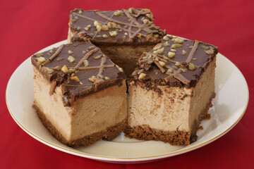 chocolate dessert with red background