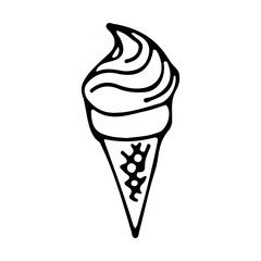 Ice cream in a waffle cone. Drawn in doodle style with contour on a white background. Vector.