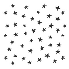 Different shapes White stars on a black background. Hand drawn. Vector illustration. Set, Simple. Textile, paper design. Childish clothes. 
