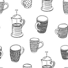Seamless Pattern wit cups and teapot. Black and wight.  Vector illustration. Textile, print, paper design. English tradition, five o'clock, food, drinks, dish, mug. 