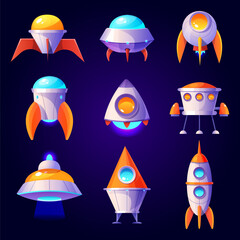 Rockets, ufo and shuttles isolated on blue background. Vector cartoon futuristic design of different spaceships in cosmos, flying saucer, unidentified rocketships and satellites © klyaksun