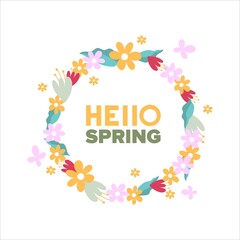 Spring inscription and flowers in a circle banner. Illustration in flat style.
