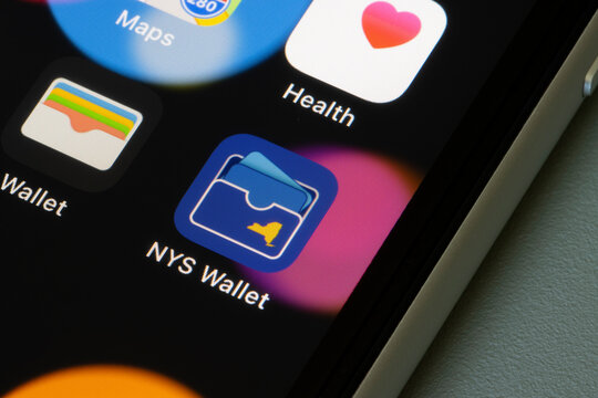Portland, OR, USA - Mar 29, 2021: NYS Excelsior Pass Wallet mobile app icon is seen on an iPhone. Excelsior Pass provides secure, digital proof of COVID-19 vaccination or negative test results.