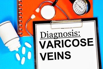 Varicose veins. The text label of the medical diagnosis. Treatment with medications and procedures.