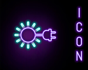 Glowing neon line Sun with electric plug icon isolated on black background. Energy saving concept. Colorful outline concept. Vector