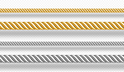 Gold and silver ropes, twisted twines isolated on white background. Vector realistic set of 3d golden and metal satin cords. Decoration borders of straight silk strings © klyaksun