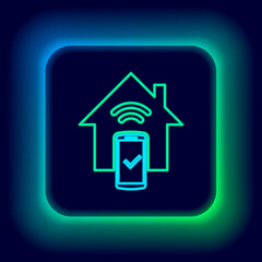 Naklejka premium Glowing neon line Smart home - remote control system icon isolated on black background. Colorful outline concept. Vector