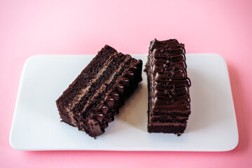 chocolate brownie on pink background