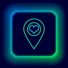 Glowing neon line Map pointer with heart icon isolated on black background. Colorful outline concept. Vector