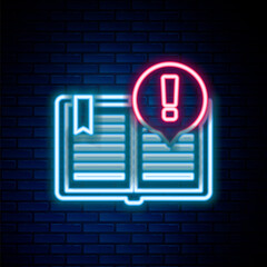 Glowing neon line Interesting facts icon isolated on brick wall background. Book or article sign. Exclamation mark sign. Colorful outline concept. Vector
