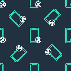Line Smartphone with screwdriver and wrench icon isolated seamless pattern on black background. Adjusting, service, setting, maintenance, repair, fixing. Vector