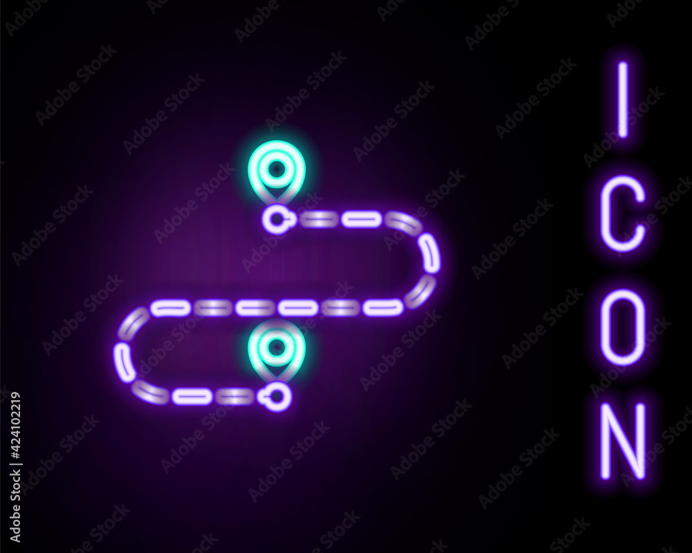 Poster glowing neon line route location icon isolated on black background. map pointer sign. concept of pat