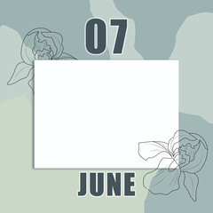 june 07. 07-th day of the month, calendar date.A clean white sheet on an abstract gray-green background with an outline of iris flowers. Copy space, Summer month, day of the year concept