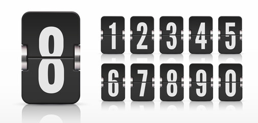 Set of flip score board numbers with reflections for black countdown timer or calendar isolated on white. Vector template for your design.