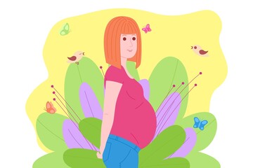 Obraz na płótnie Canvas Pregnancy, motherhood concept. Pregnant and happy beautiful young woman holds her belly with a baby in the womb. Flat cartoon vector illustration of a woman awaiting the birth of a child.