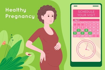 Pregnancy medical appointment. Pregnant happy beautiful young woman makes an appointment with a doctor using a calendar. Flat cartoon vector illustration of a woman awaiting the birth of a child.
